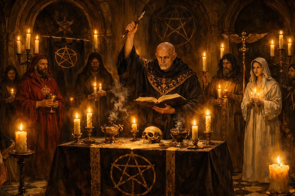 Pintura de estilo renacentista que representa de forma artística un ritual esotérico inspirado en la Orden Hermética de la Golden Dawn, iluminado únicamente por velas y rodeado de símbolos ceremoniales.