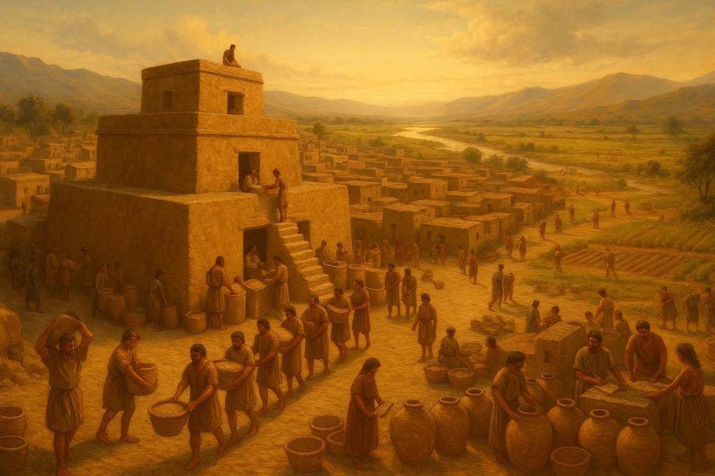 Representación de un asentamiento urbano temprano con graneros comunales, habitantes entregando excedentes agrícolas y arquitectura centralizada, mostrando la transición del pueblo a la ciudad entre 4500 y 3000 a. C.
