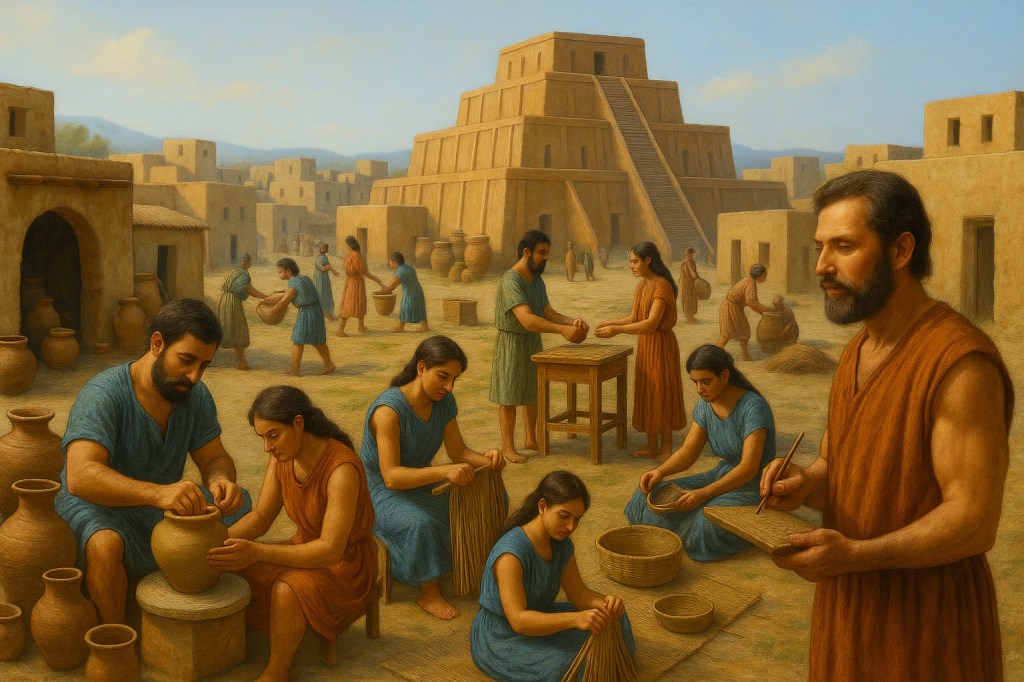 Escena de una ciudad mesopotámica temprana donde artesanos fabrican cerámica y tejidos, un escriba registra información en una tablilla y, al fondo, se alza una arquitectura monumental escalonada rodeada de viviendas de adobe.
