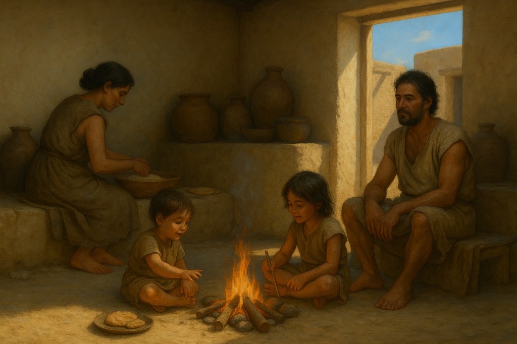 Recreación de una familia en el interior de una vivienda urbana temprana de Uruk, con adultos realizando tareas domésticas y niños jugando alrededor de un fogón central, ca. 3500 a. C.