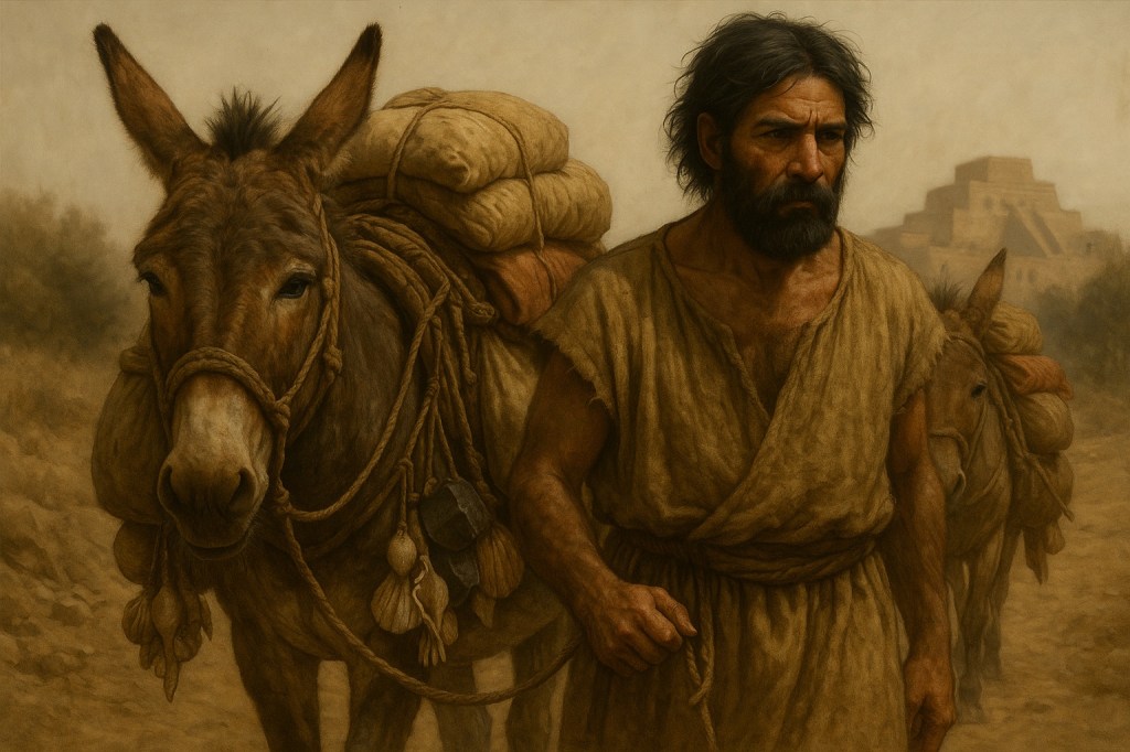 Comerciante mesopotámico guiando burros cargados con mercancías hacia un centro urbano temprano, representación del intercambio a larga distancia en Mesopotamia entre 4500 y 3000 a. C.