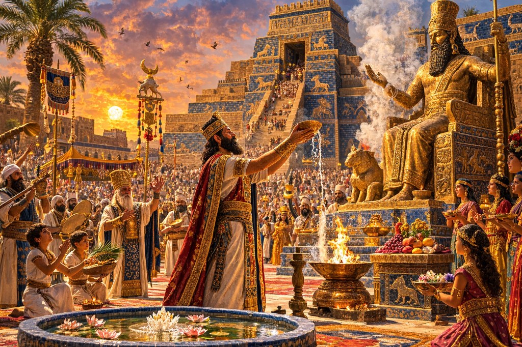 Representación del festival Akitu en Babilonia con el rey participando en un ritual frente a un altar y sacerdotes, con un zigurat y la Puerta de Ishtar al fondo durante la celebración del Año Nuevo babilónico.
