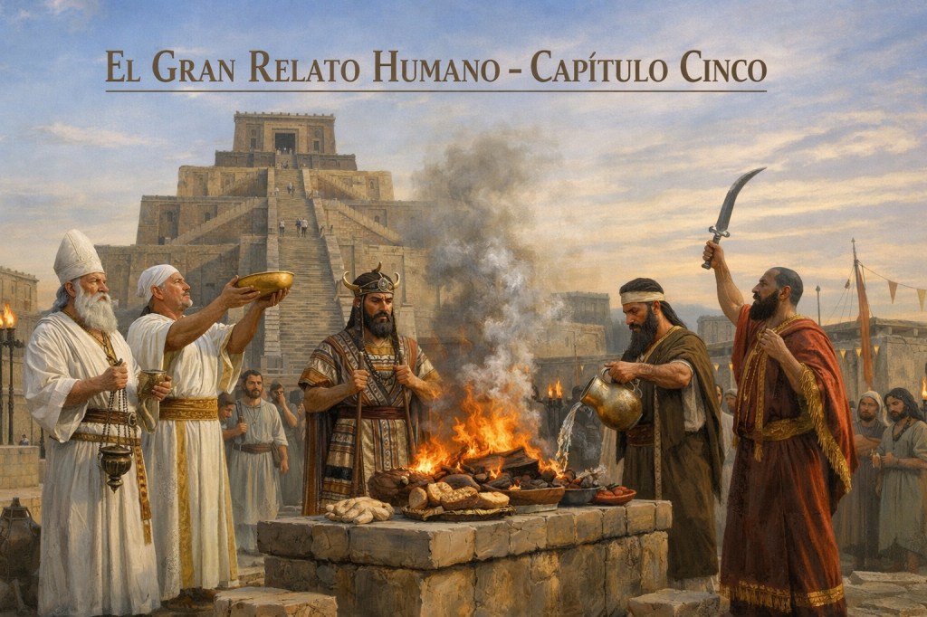 Sacerdotes del mundo antiguo realizando un ritual religioso frente a un altar con fuego y ofrendas en una ciudad mesopotámica dominada por un zigurat, representando el papel del templo y la religión en las primeras civilizaciones humanas.
