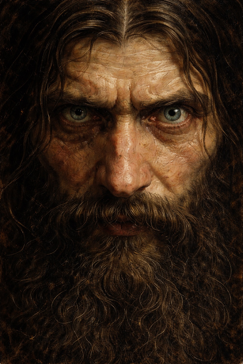 Retrato barroco en primerísimo plano de Grigori Rasputin con mirada intensa y penetrante dirigida al espectador, iluminado con fuerte claroscuro y rodeado de sombras profundas.