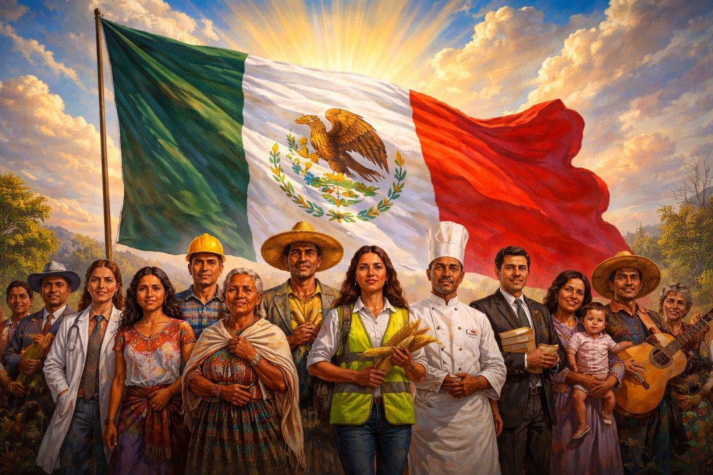 Bandera de México ondeando con sol brillante al fondo y grupo diverso de ciudadanos mexicanos de distintas profesiones y orígenes al frente en estilo mural artístico