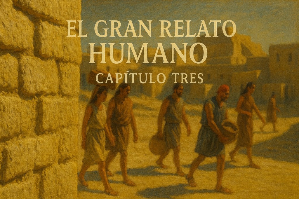 Pintura al óleo de una ciudad temprana de Mesopotamia con personas caminando frente a muros de adobe y una estructura monumental al fondo, representando el surgimiento de la vida urbana.