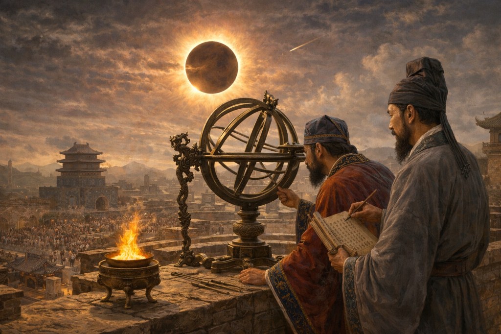 Dos observadores celestes de la antigua China registran un eclipse solar mientras utilizan instrumentos astronómicos y escriben sus observaciones desde una plataforma elevada sobre una ciudad antigua.