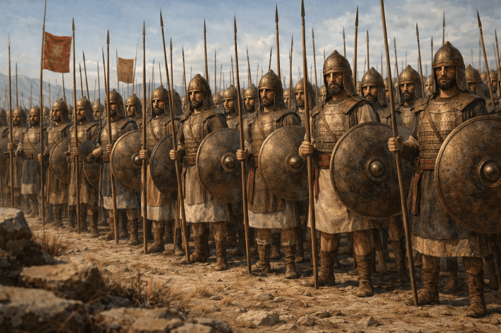 Soldados de un ejército antiguo en formación cerrada con lanzas largas y escudos redondos, usando cascos y armaduras de estilo del Cercano Oriente