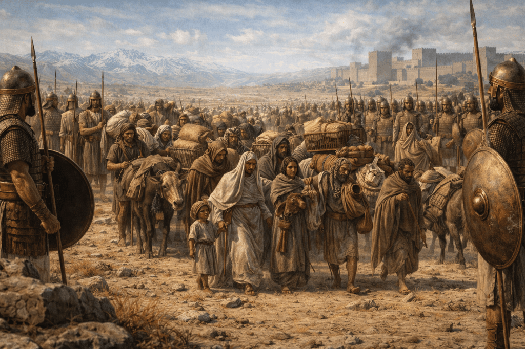 Población civil siendo desplazada por soldados asirios, con familias, animales y pertenencias avanzando en un paisaje árido bajo vigilancia militar
