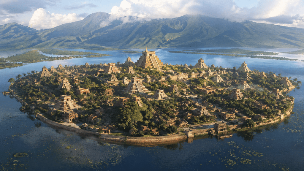 Ilustración hiperrealista de Aztlán como una isla rodeada de agua, con templos piramidales, vegetación abundante y montañas al fondo bajo luz natural.