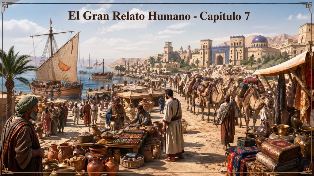 Escena hiperrealista de un puerto comercial antiguo con caravanas de camellos, barcos mercantes y mercado activo, representando las rutas comerciales y el intercambio cultural en la antigüedad.