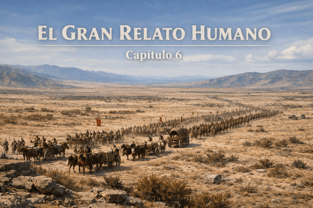 Ejército antiguo de estilo mesopotámico marchando en formación por un paisaje árido y desértico, con soldados, animales de carga y carros primitivos, visto desde una posición elevada con montañas al fondo