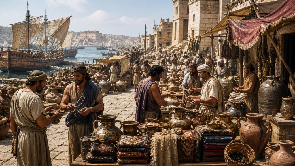 Escena hiperrealista de un mercado portuario antiguo con comerciantes intercambiando bienes, cerámica, textiles y metales junto a barcos mercantes en un puerto costero.