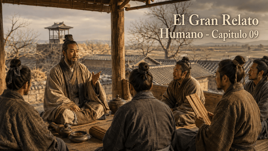 Maestro y estudiantes dialogan bajo un pabellón en la China del siglo V a. C.
