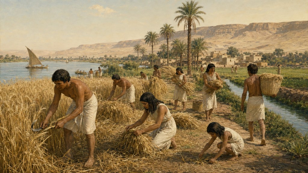 Campesinos del antiguo Egipto cosechan cereal con hoces y transportan gavillas junto a un canal del Nilo.