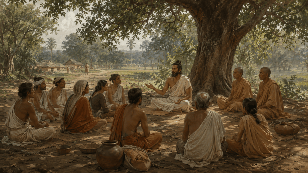 Maestro shramana enseña a renunciantes y familias en el norte de India