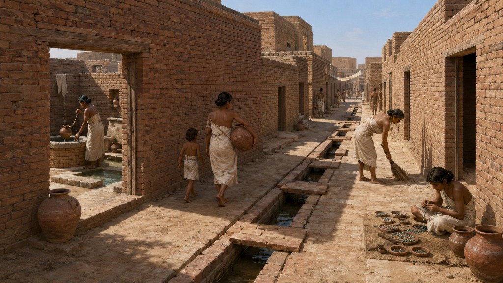 Calle de ladrillo de Mohenjo-daro con un drenaje, un pozo y habitantes realizando tareas domésticas.