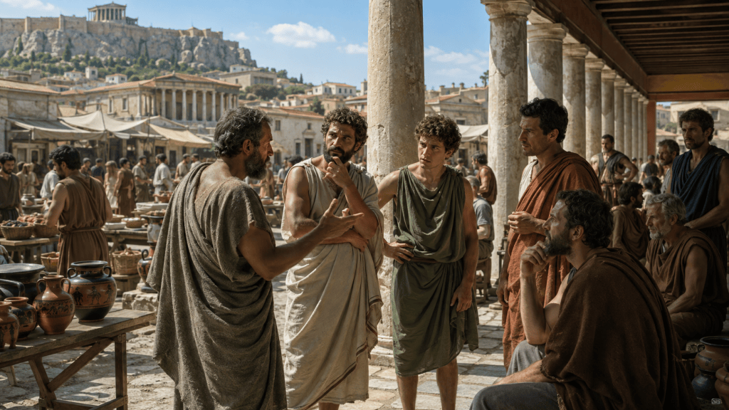 Ciudadanos discuten ideas en el ágora de Atenas hacia 400 a. C.