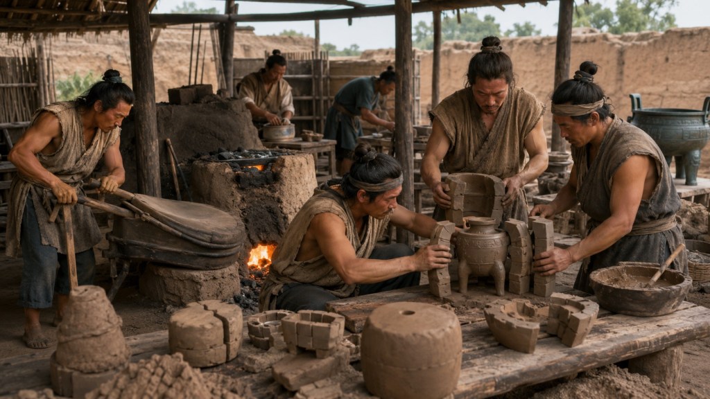 Artesanos de la dinastía Shang ensamblan moldes de arcilla y trabajan junto a un horno de carbón.