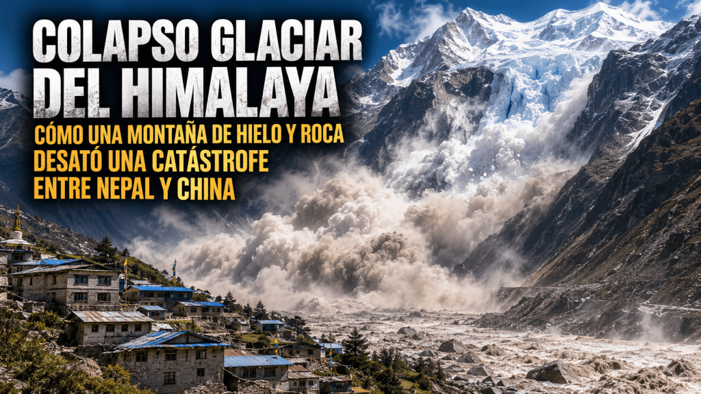 Enorme colapso de hielo y roca desciende por un valle del Himalaya hacia una población montañosa entre Nepal y China.