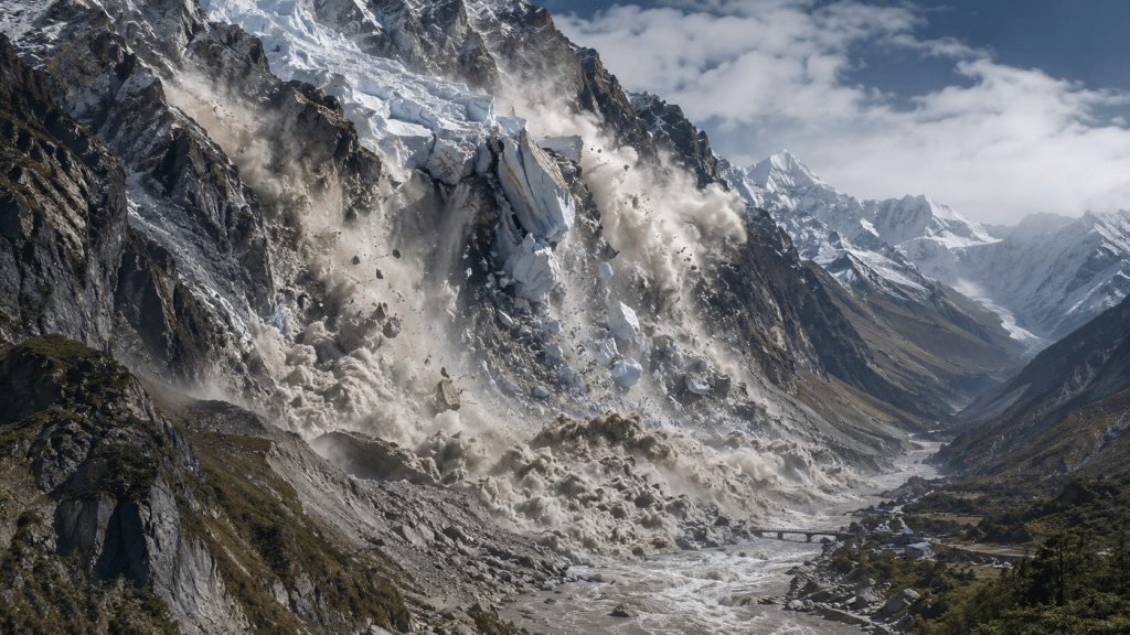 Flujo de hielo, roca y agua descendiendo por un valle del Himalaya y formando un represamiento natural.