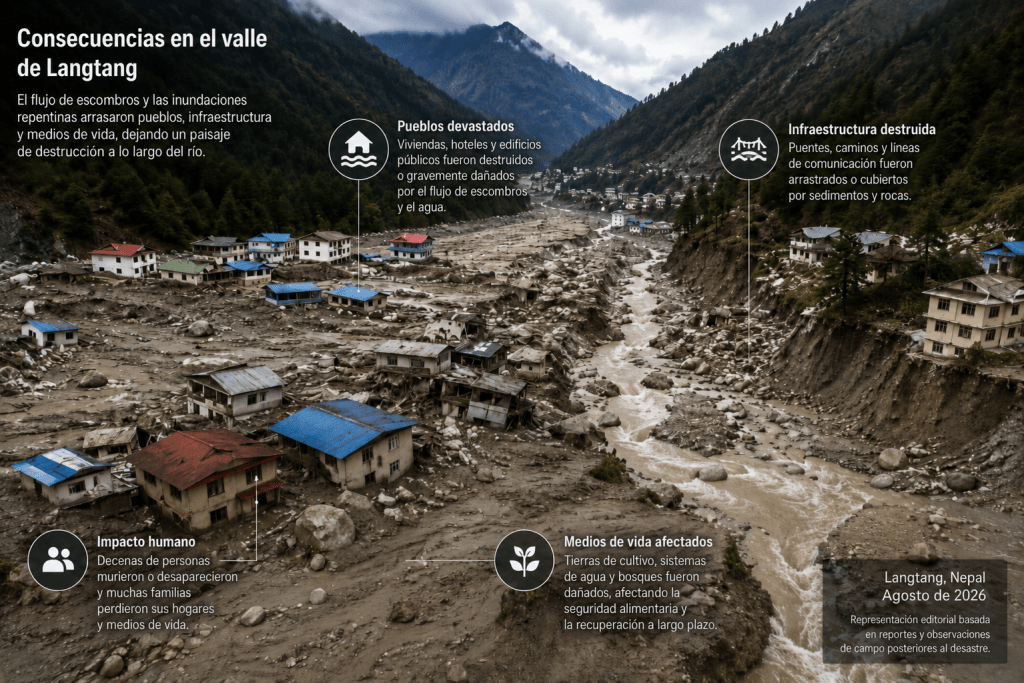 Valle montañoso devastado por un flujo de escombros e inundaciones tras un colapso glaciar en el Himalaya.