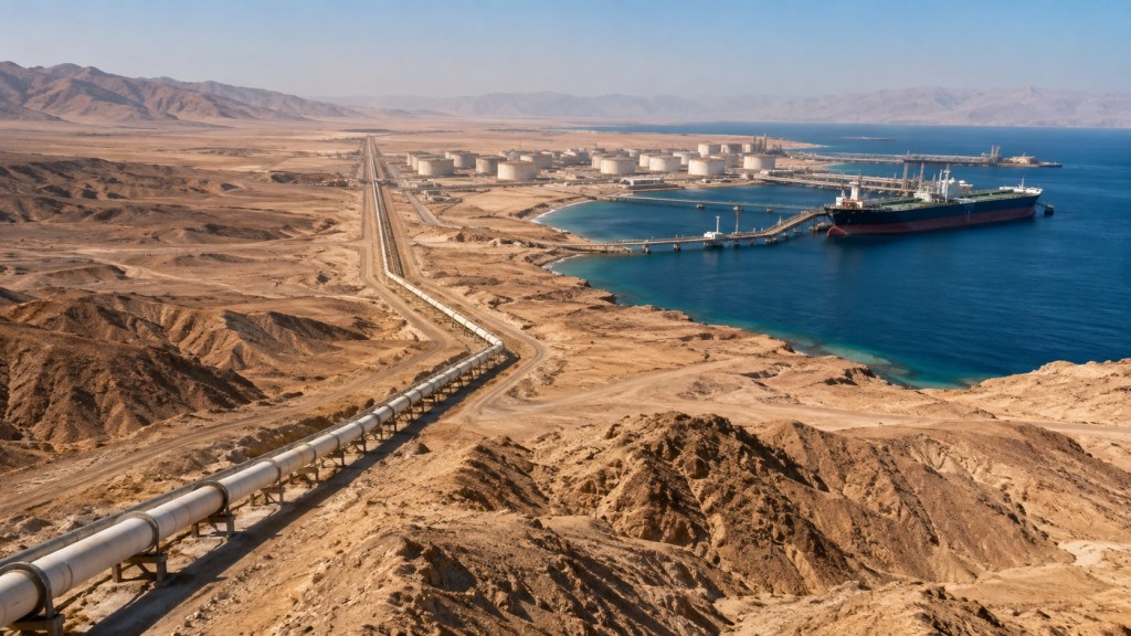 Oleoducto atravesando el desierto hacia una terminal petrolera costera con tanques de almacenamiento y un petrolero.