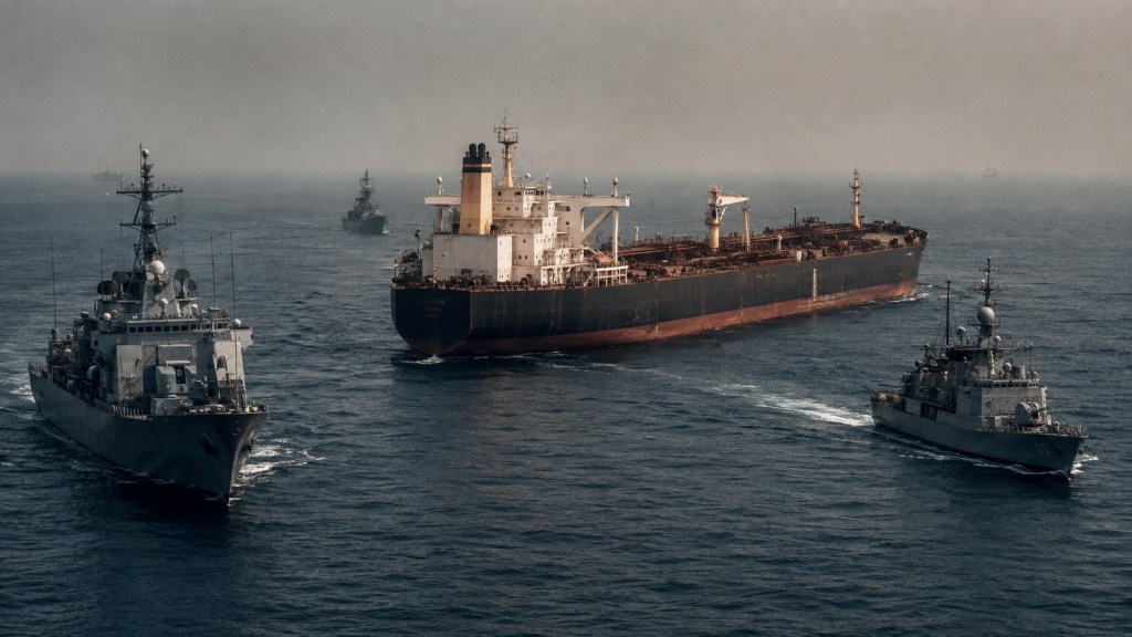 Petrolero escoltado por buques militares en el golfo Pérsico durante una situación de tensión marítima.